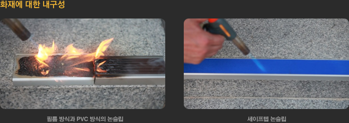 화재에 대한 내구성 - 필름 방식과 PVC 방식의 논슬립 vs 세이프텝 논슬립