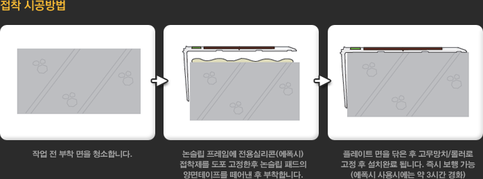 접착 시공방법
			- 작업 전 부착 면을 청소합니다.
			- 논슬립 프레임에 전용실리콘(에폭시) 접착제를 도포 고정한후 논슬립 패드의 양면테이프를 떼어낸 후 부착합니다.
			- 플레이트 면을 닦은 후 고무망치/롤러로 고정 후 설치완료 됩니다. 즉시 보행 가능(에폭시 사용시에는 약 3시간 경화)